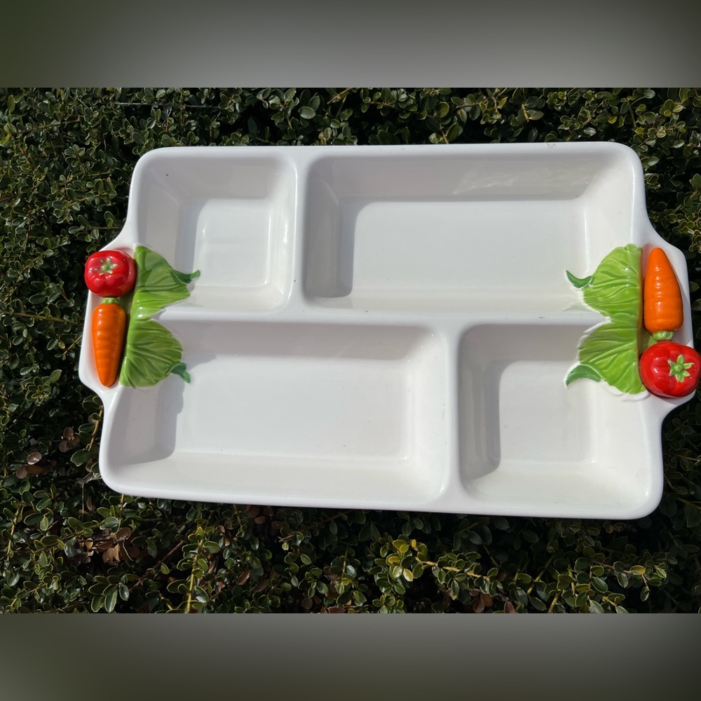 VTG Divided Dish Platter Relish Dish 4 Sections With Tomatos & Carrots Japan